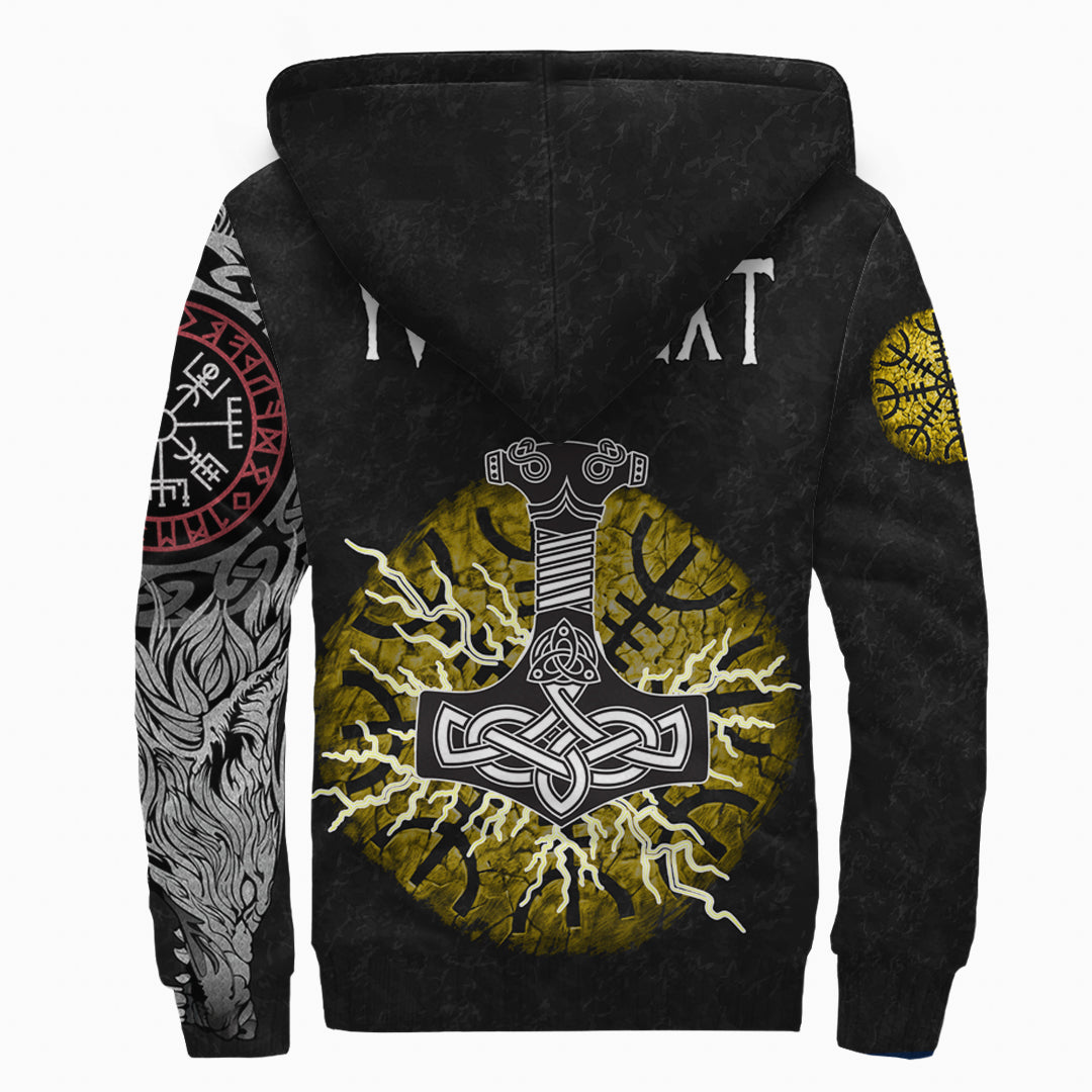(Custom) Viking Sherpa Hoodie - Fenrir Fight Mjolnir Of Thor On Helm Of Awe RLT12 - Wonder Print Shop