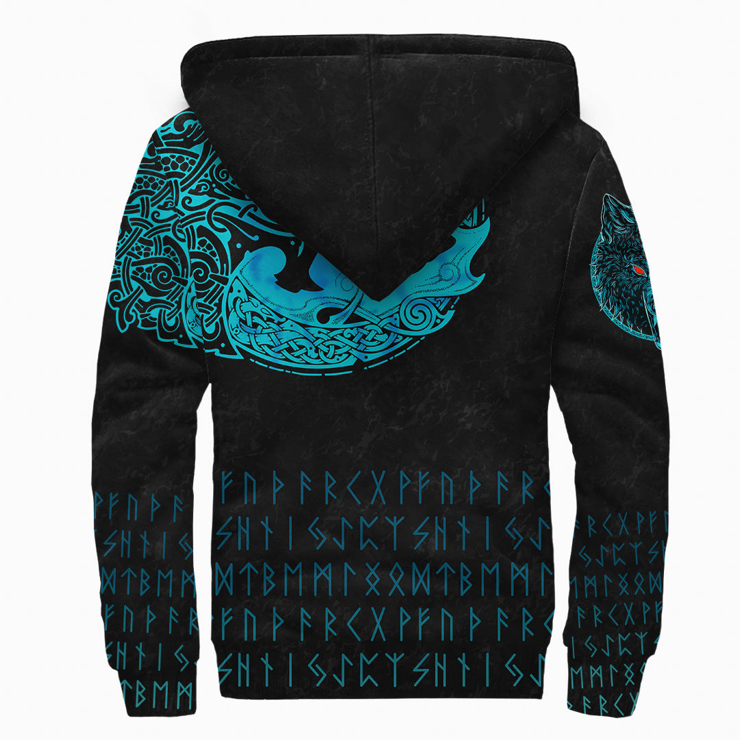 (Custom) Viking Sherpa Hoodie - Fenrir Wolf Cyan RLT12 - Wonder Print Shop