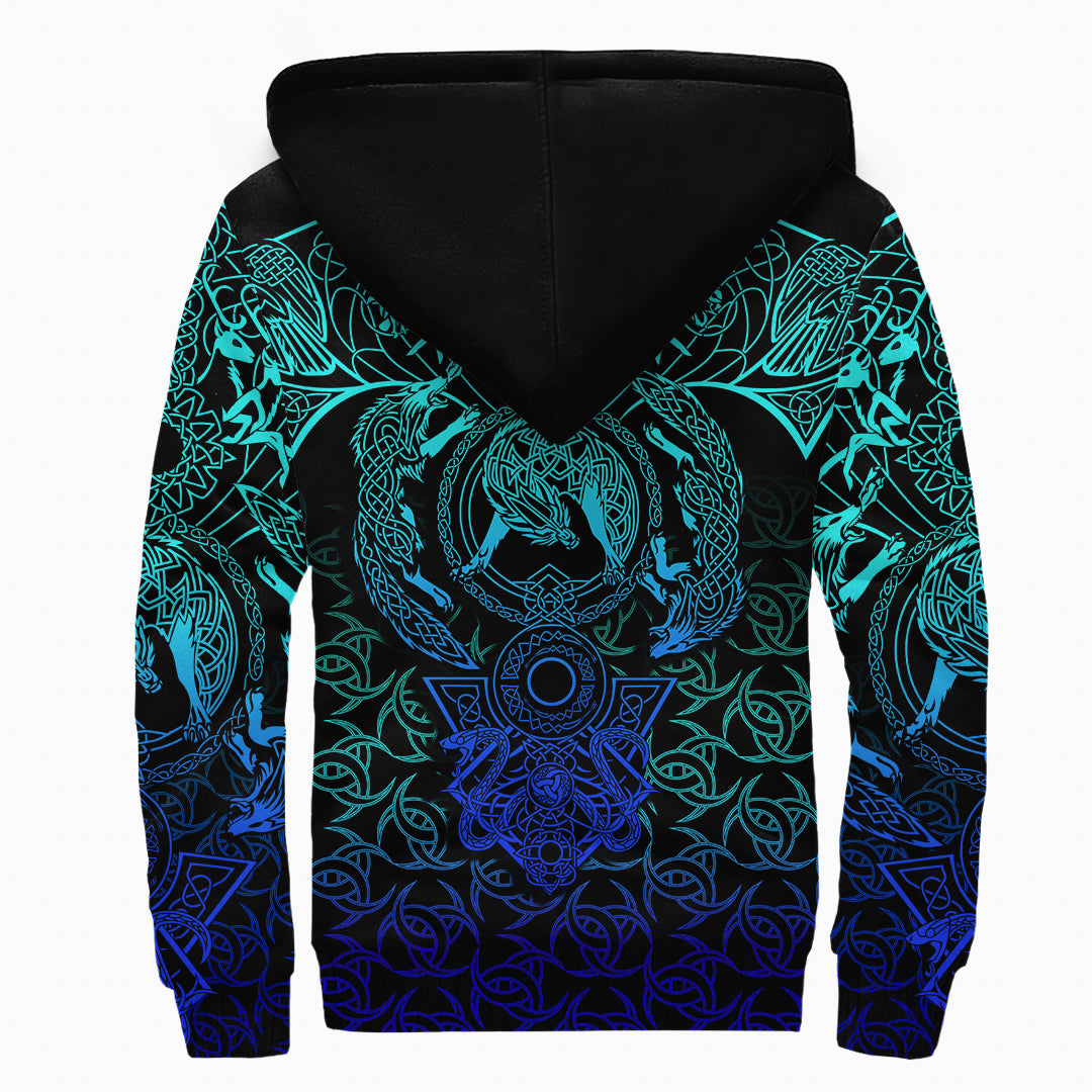Viking Sherpa Hoodie - Hati and Skoll Tattoo Cyan RLT12 - Wonder Print Shop