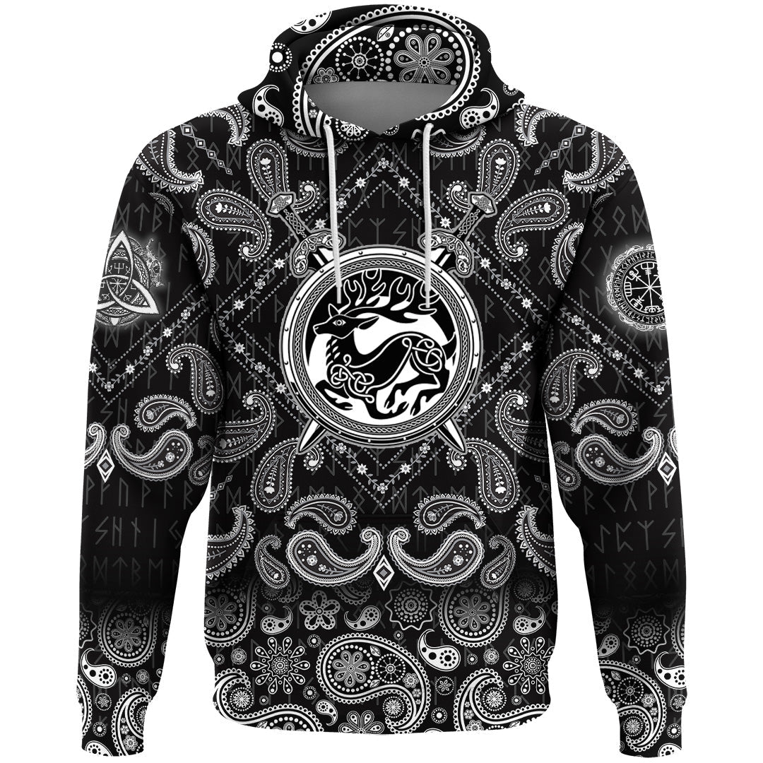 Viking Hoodie Shield With Deer Crest and Crossing Swords with Bandana Paisley Style RLT12 - Wonder Print Shop