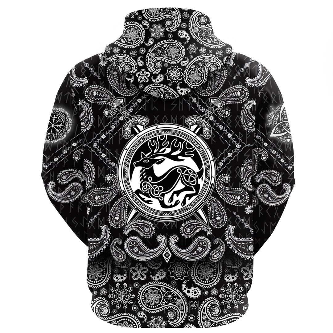 Viking Hoodie Shield With Deer Crest and Crossing Swords with Bandana Paisley Style RLT12 - Wonder Print Shop