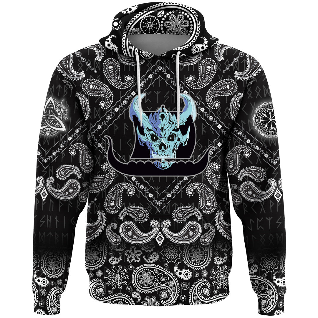 Viking Hoodie Ship Silhouette With White Skull with Bandana Paisley Style RLT12 - Wonder Print Shop