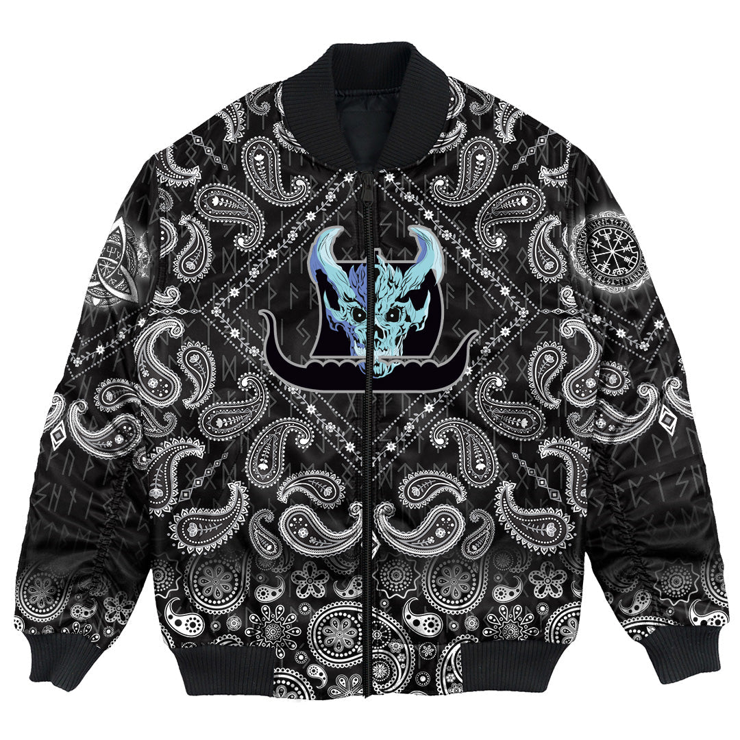 Viking Bomber Jacket Ship Silhouette With White Skull with Bandana Paisley Style RLT12 - Wonder Print Shop