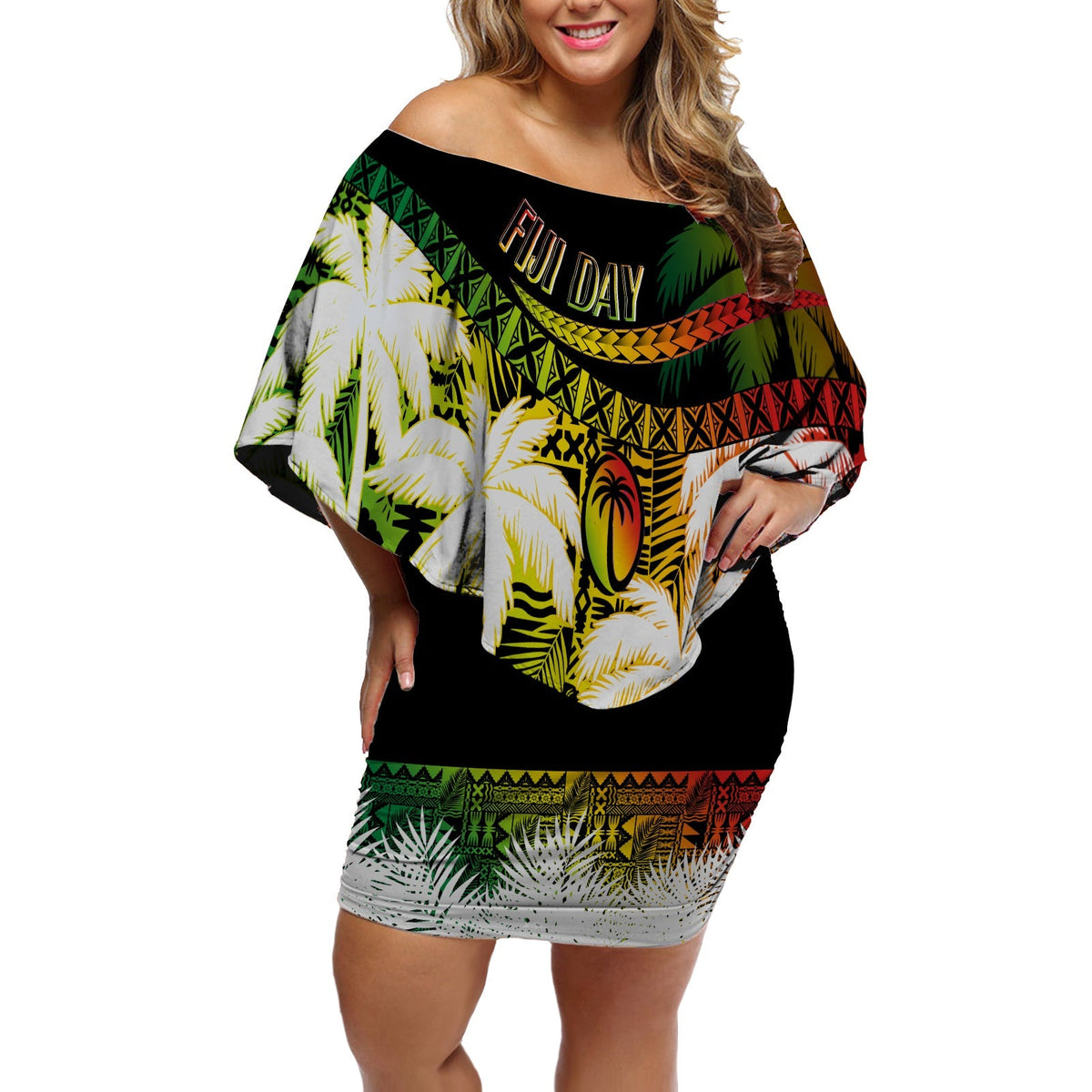 Fiji Day Off Shoulder Short Dress Flying Fijians Masi Kesa Style - Reggae - Wonder Print Shop