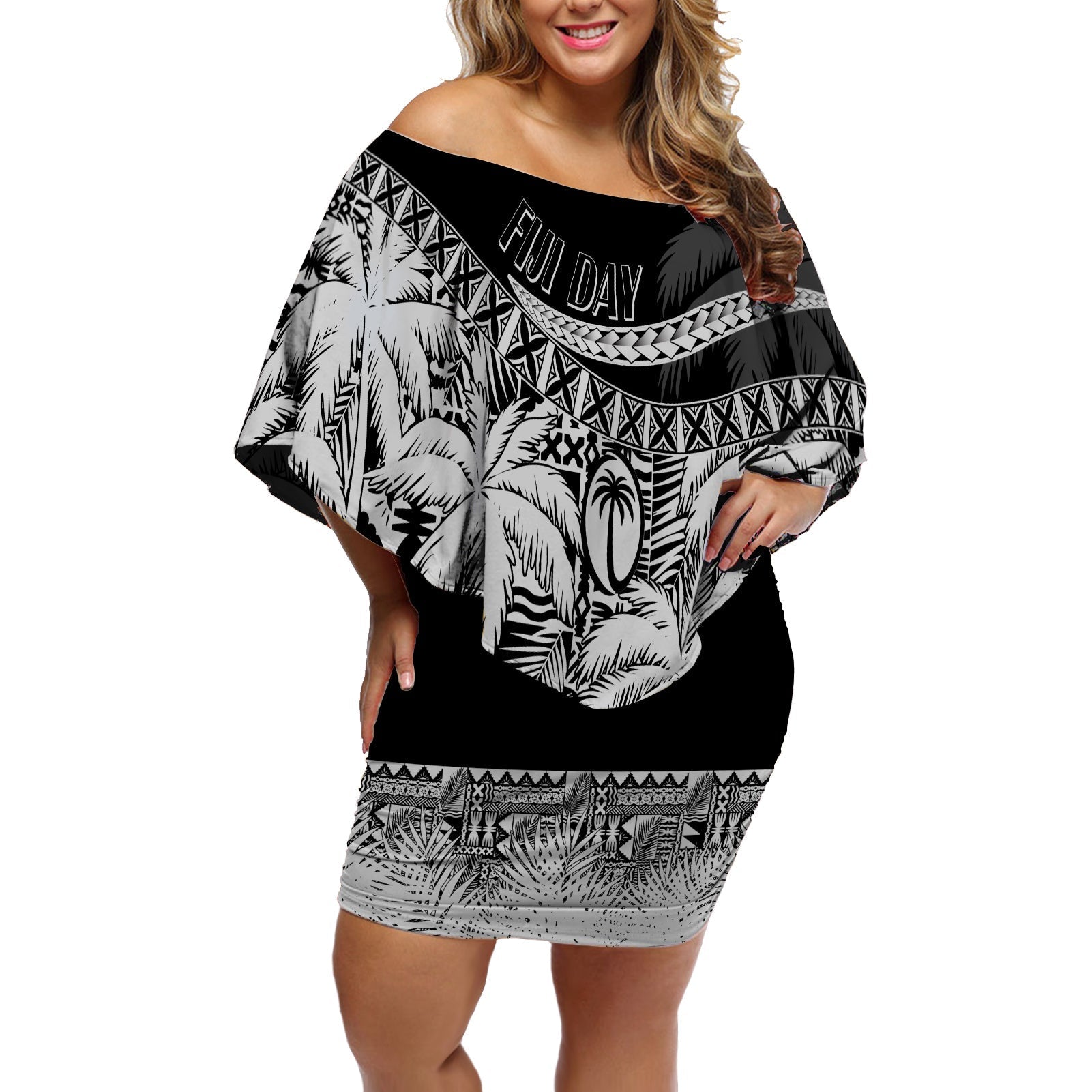 Fiji Day Off Shoulder Short Dress Flying Fijians Masi Kesa Style - Black - Wonder Print Shop