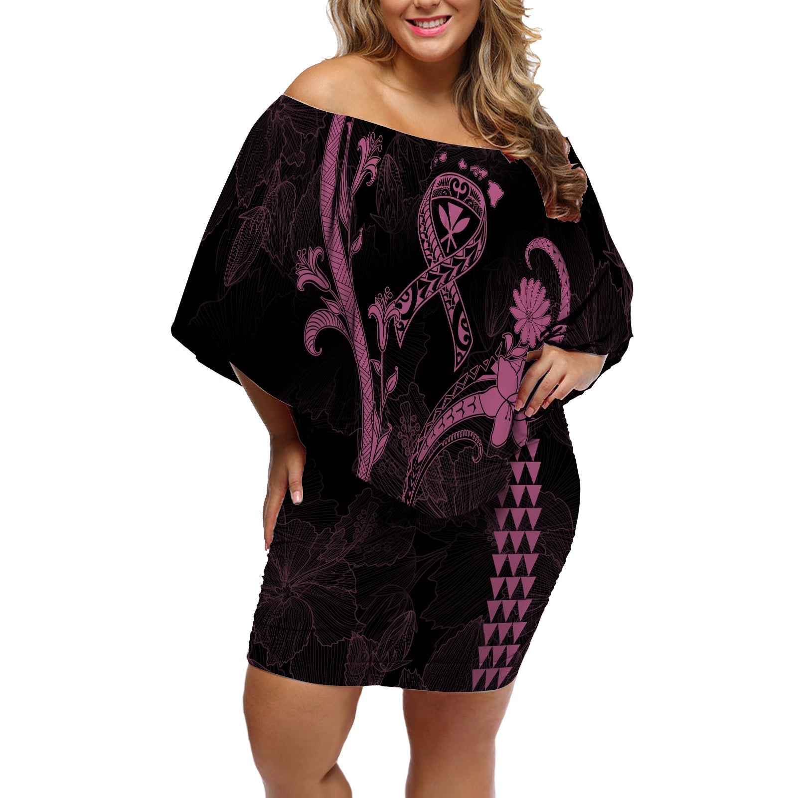 Hawaii Off Shoulder Short Dress Breast Cancer Survivor Mix Hibiscus - Wonder Print Shop