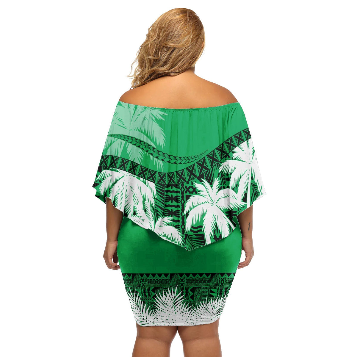 Fiji Day Off Shoulder Short Dress Flying Fijians Masi Kesa Style - Green - Wonder Print Shop