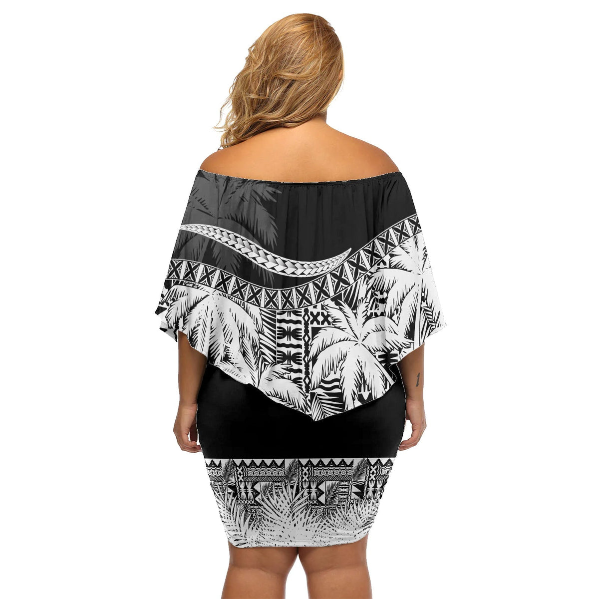 Fiji Day Off Shoulder Short Dress Flying Fijians Masi Kesa Style - Black - Wonder Print Shop
