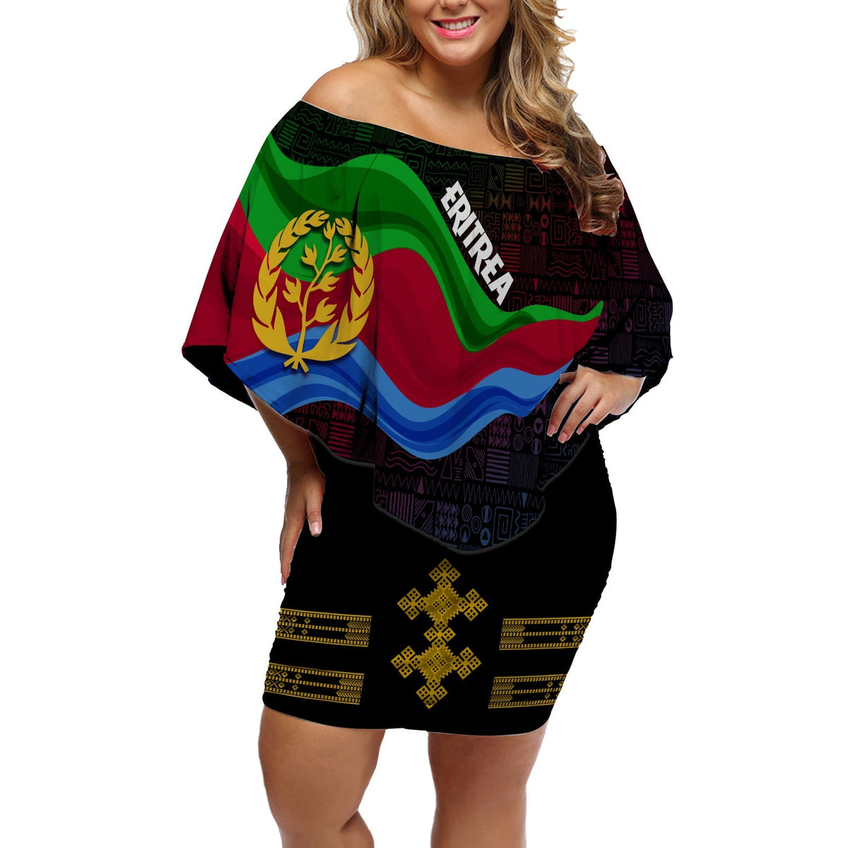 Eritrea Independence Day Off Shoulder Short Dress Ethnic African Pattern - Black - Wonder Print Shop