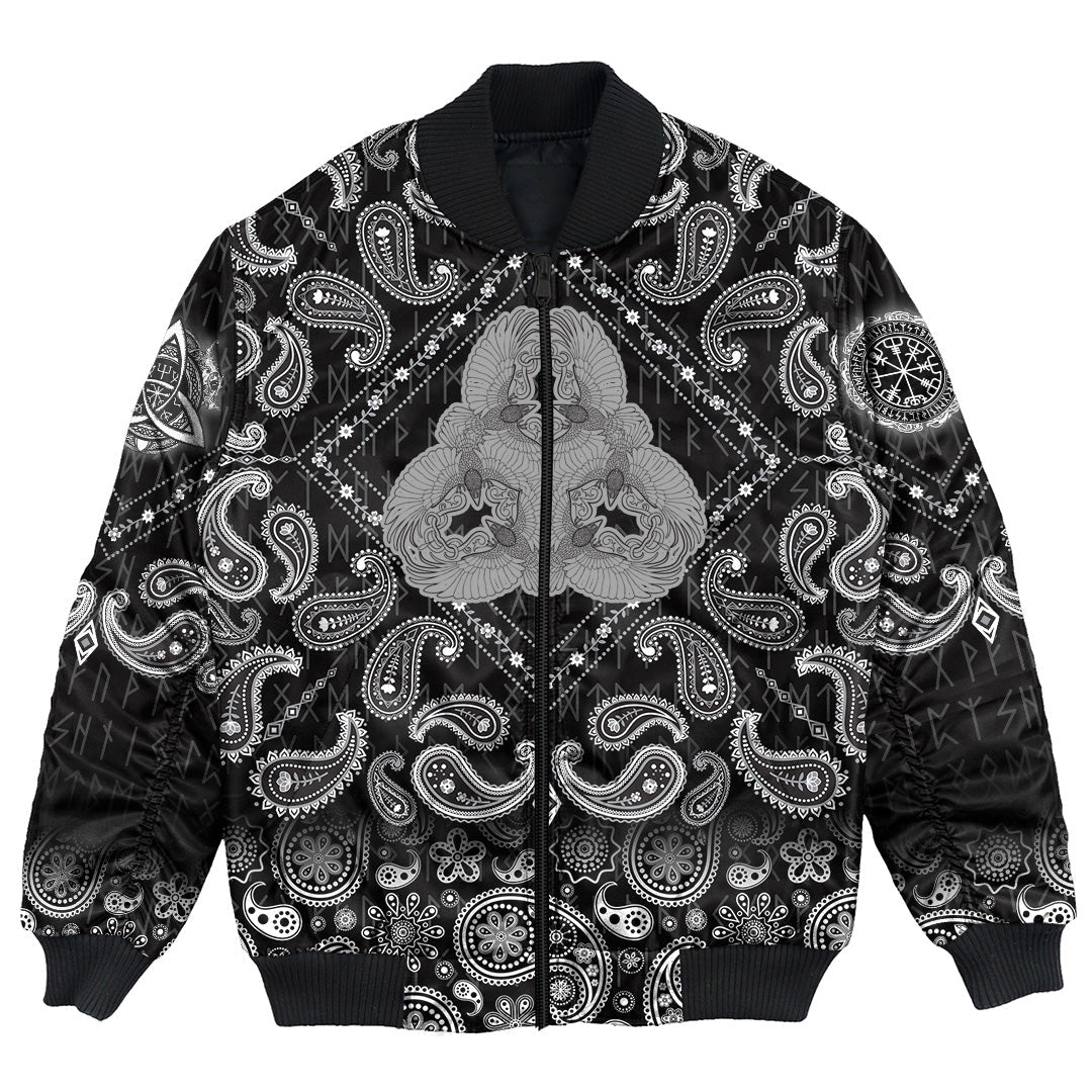 Viking Bomber Jacket Six Ravens Fantasy Triangle Ornament Black and White with Bandana Paisley Style RLT12 - Wonder Print Shop