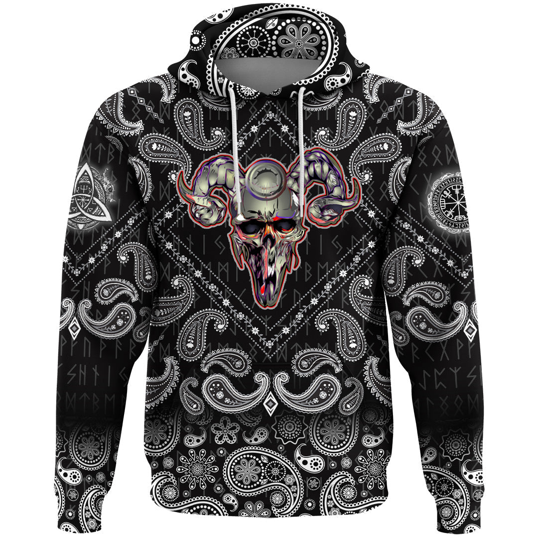 Viking Hoodie Skull Helmet With Horns with Bandana Paisley Style RLT12 - Wonder Print Shop
