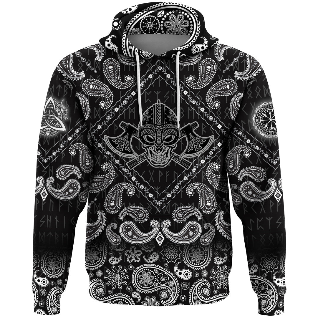 Viking Hoodie Skull Wearing Helmet Over Crossed Battle Axes with Bandana Paisley Style RLT12 - Wonder Print Shop