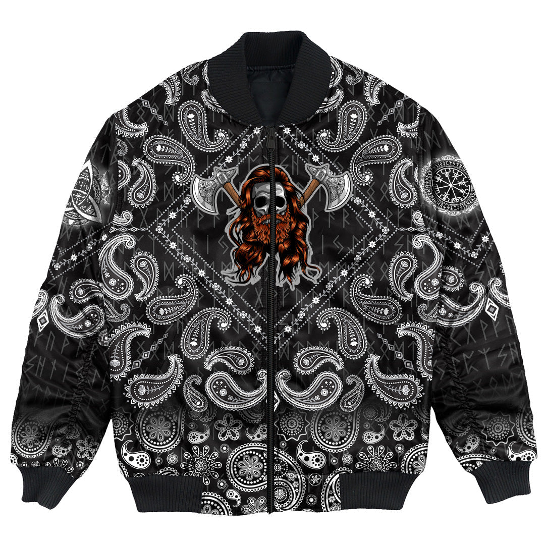 Viking Bomber Jacket Skull Wearing Viking with Bandana Paisley Style RLT12 - Wonder Print Shop