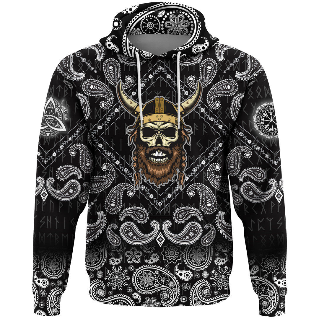 Viking Hoodie Skull With Braided Hair and Horned Hat with Bandana Paisley Style RLT12 - Wonder Print Shop