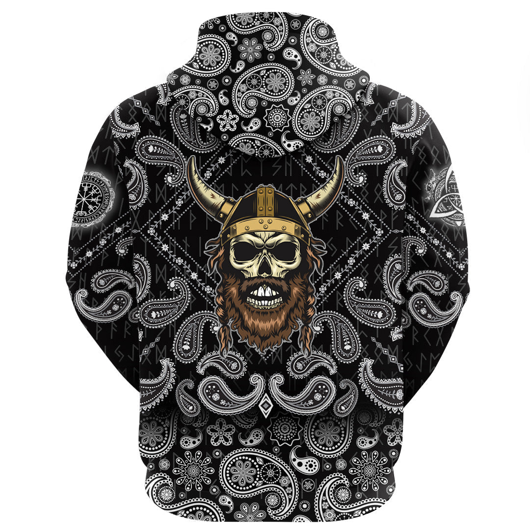 Viking Hoodie Skull With Braided Hair and Horned Hat with Bandana Paisley Style RLT12 - Wonder Print Shop