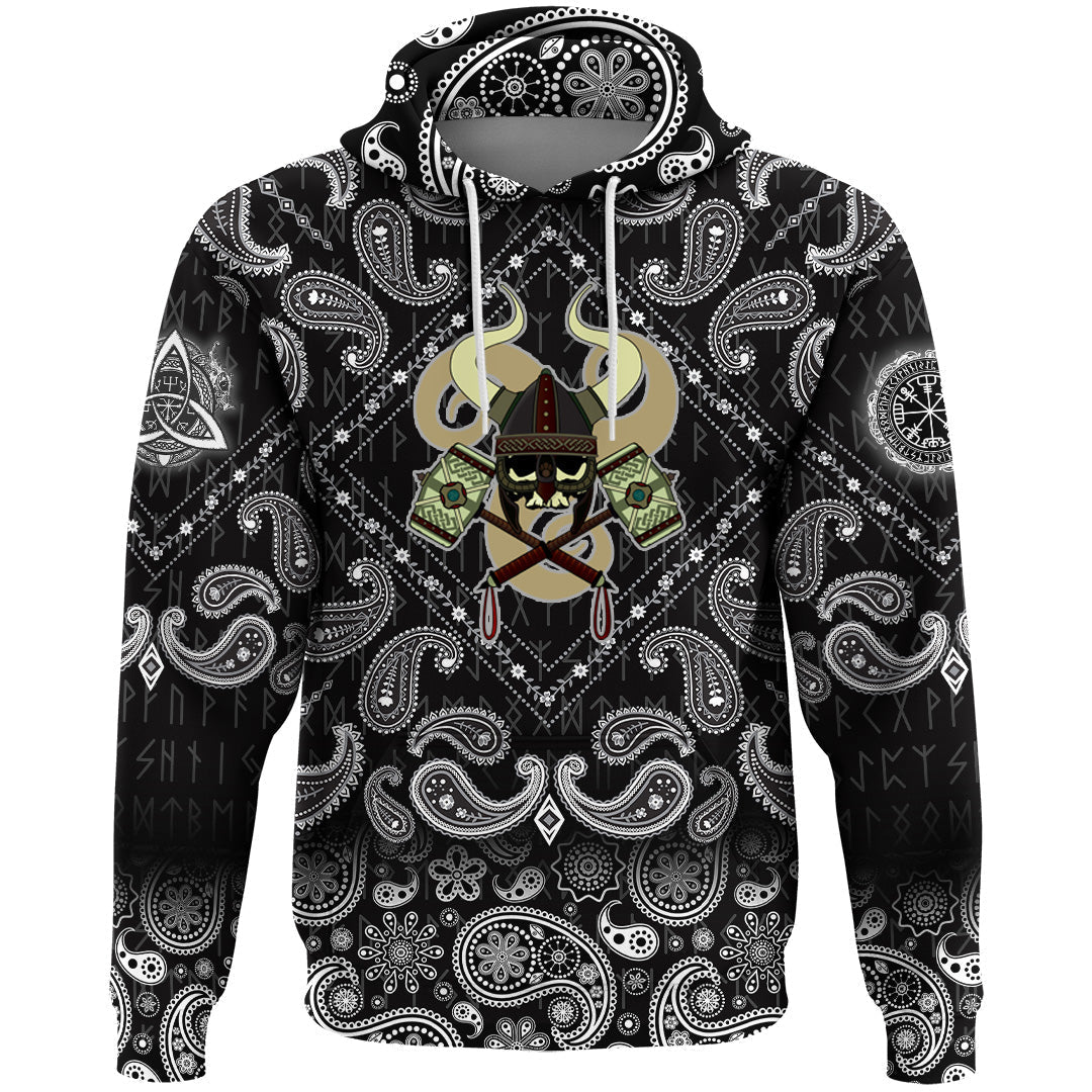 Viking Hoodie Skull With Horned Helmet with Bandana Paisley Style RLT12 - Wonder Print Shop