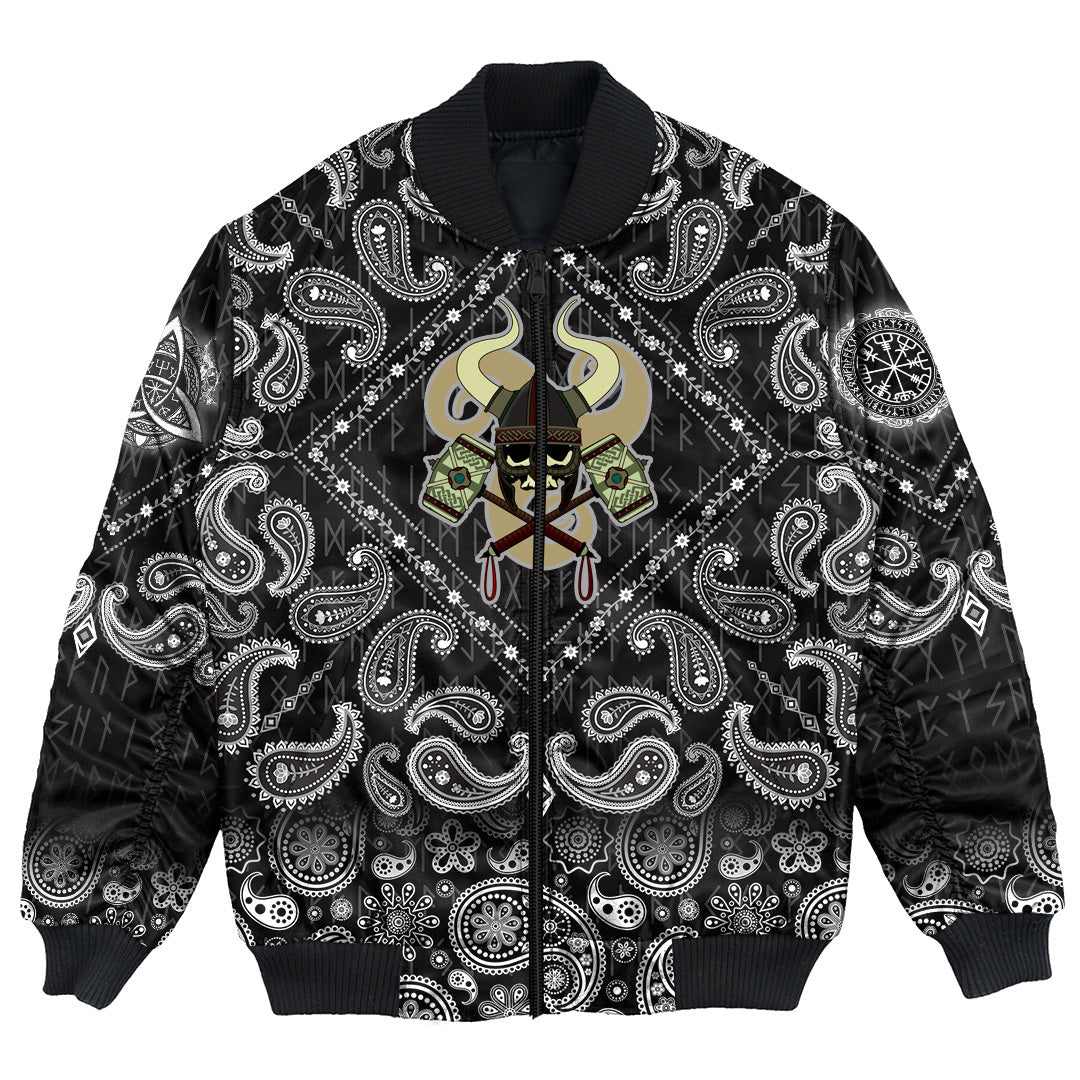 Viking Bomber Jacket Skull With Horned Helmet with Bandana Paisley Style RLT12 - Wonder Print Shop