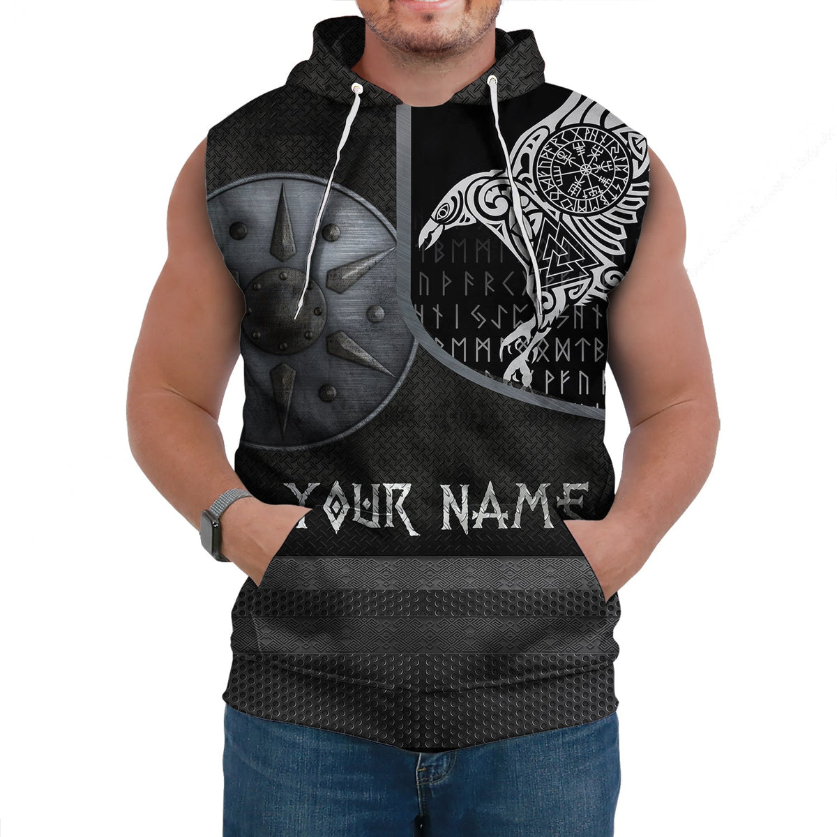 Custom Viking Sleeveless Hoodie Armor Raven Tattoo RLT12 - Wonder Print Shop
