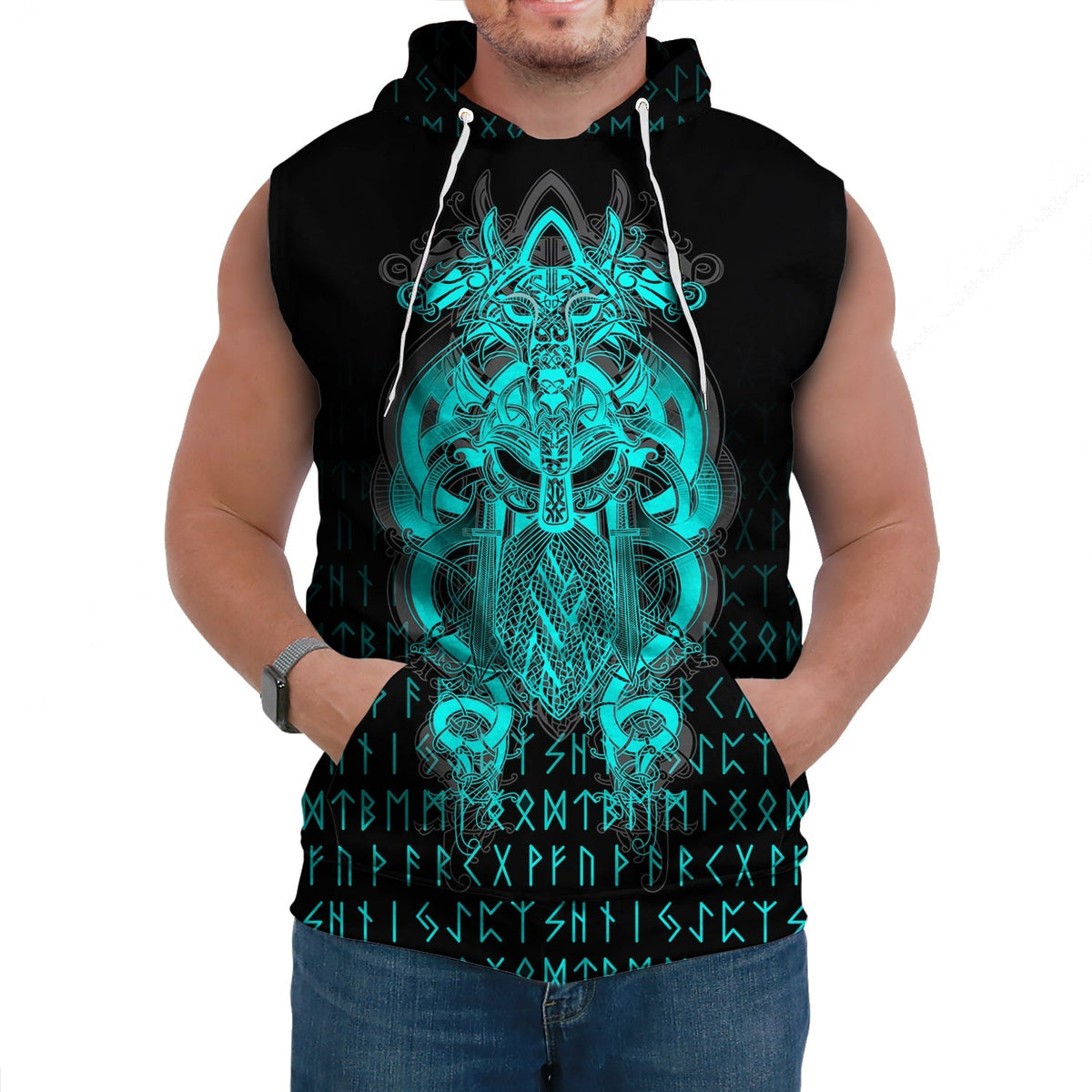 Viking Tyr Tattoo Cyan Sleeveless Hoodies RLT12 - Wonder Print Shop