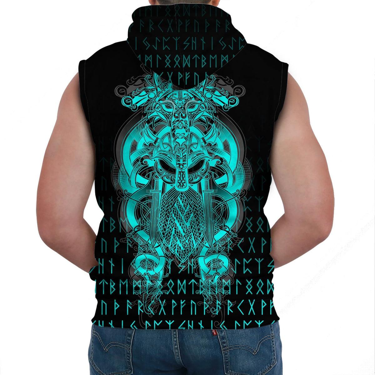 Viking Tyr Tattoo Cyan Sleeveless Hoodies RLT12 - Wonder Print Shop