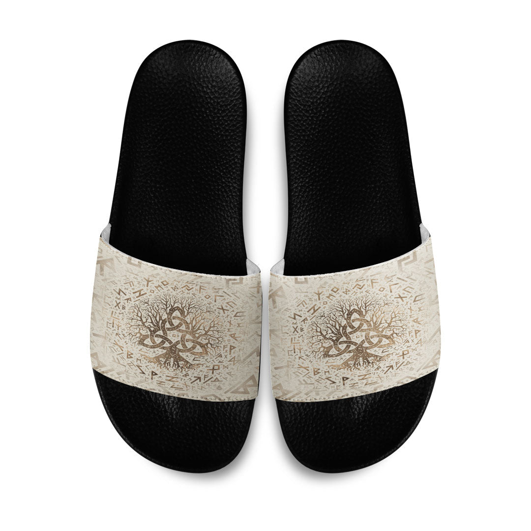 viking-slide-sandals-tree-of-life-with-triquetra-and-futhark-pastel-gold-slide-sandals