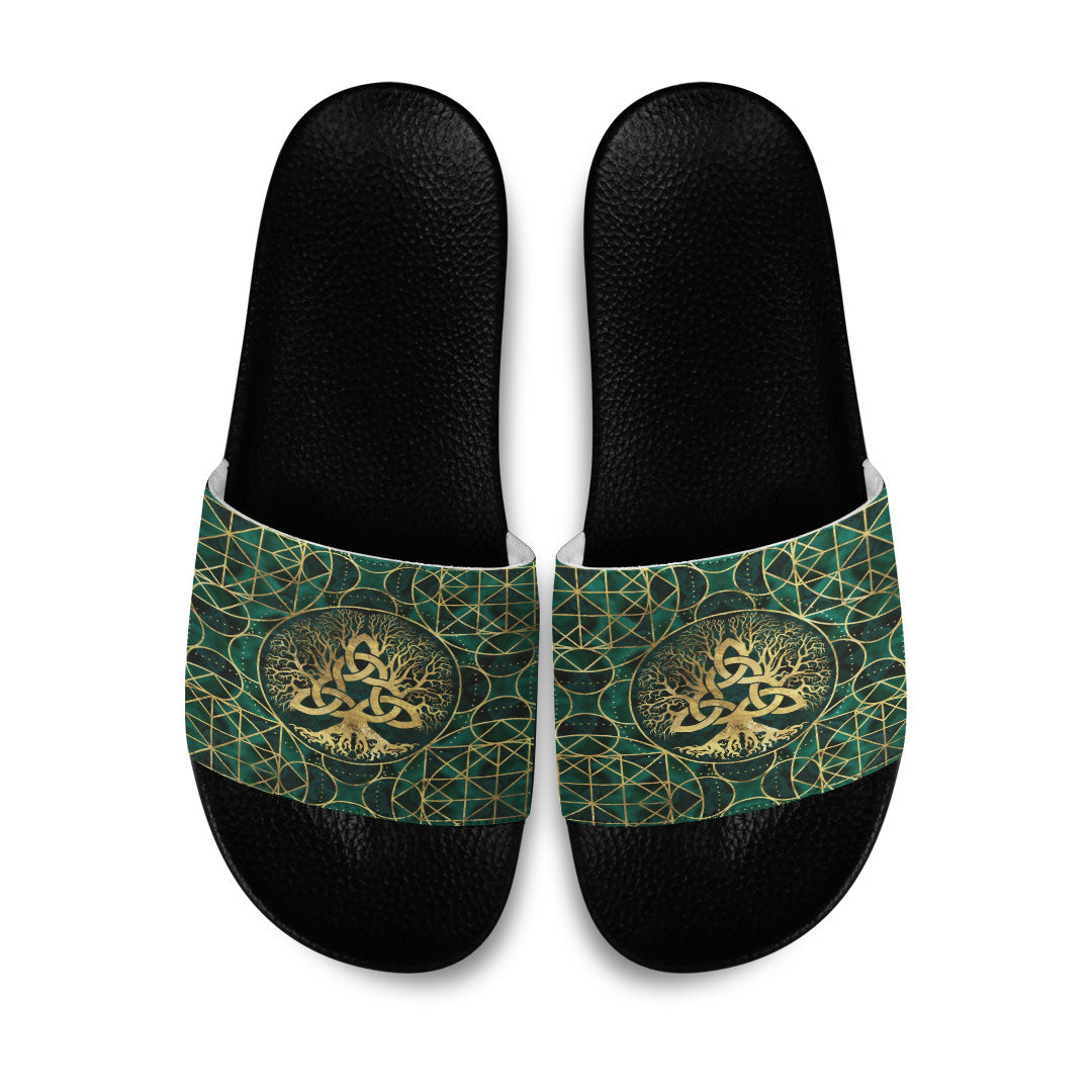 viking-slide-sandals-tree-of-life-with-triquetra-malachite-and-gold-slide-sandals