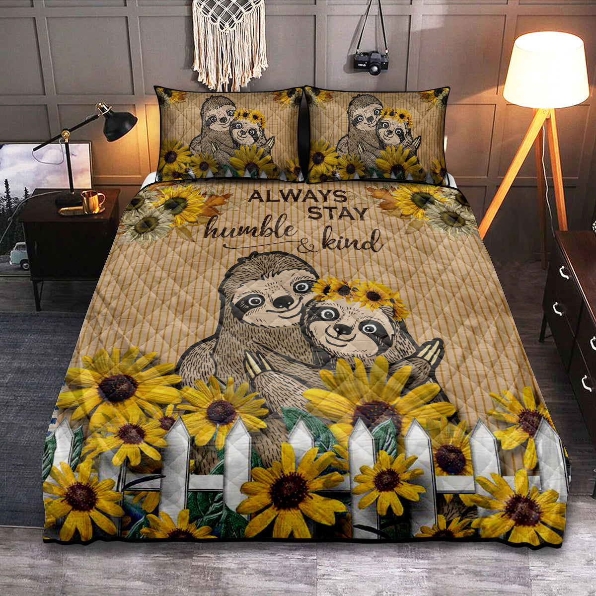 Sloth Couple Happiness Forever Sunflower Quilt Bed Set - Wonder Print Shop