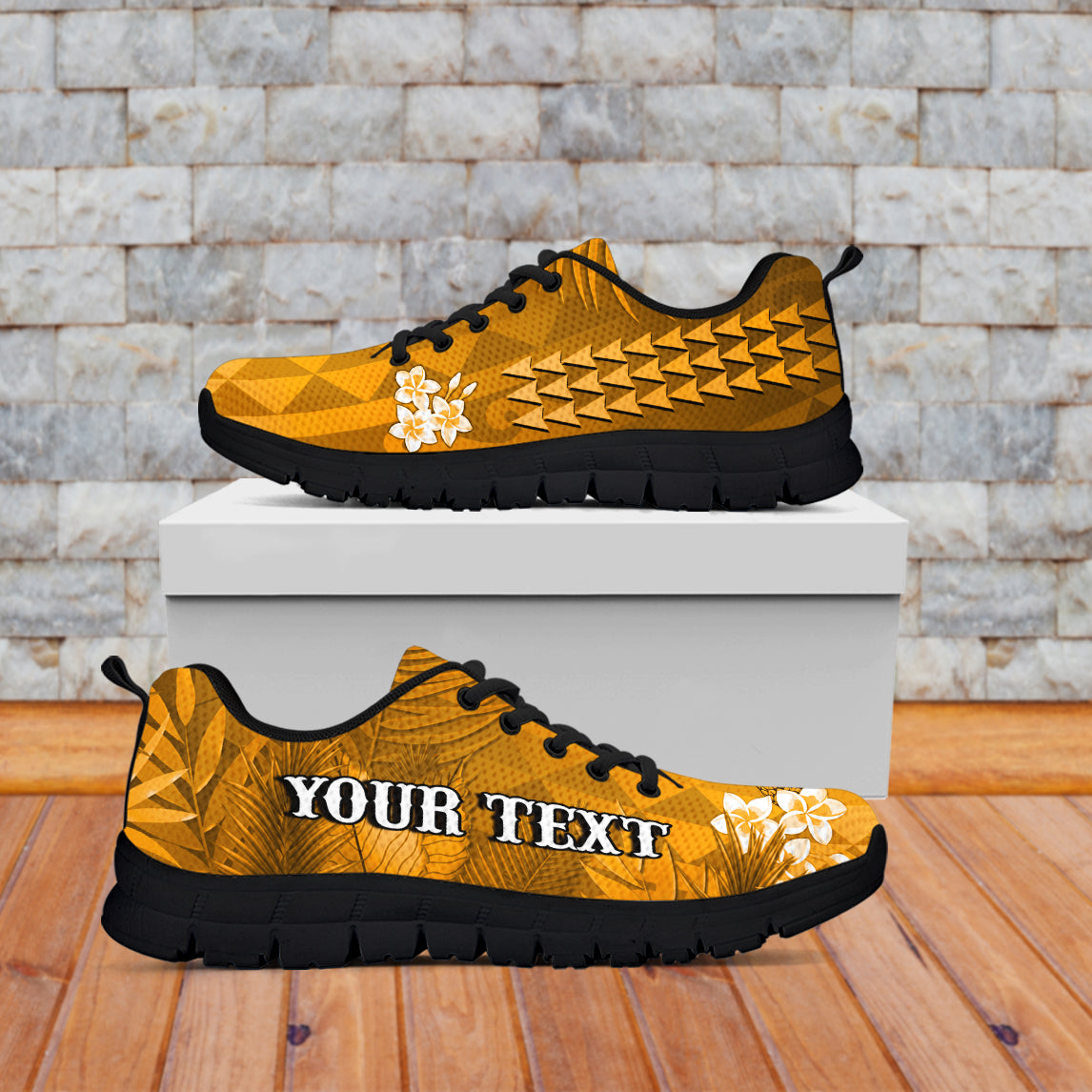 custom-personalised-hawaii-pineapple-sneakers-gold-plumeria-frangipani-mix-tribal-pattern
