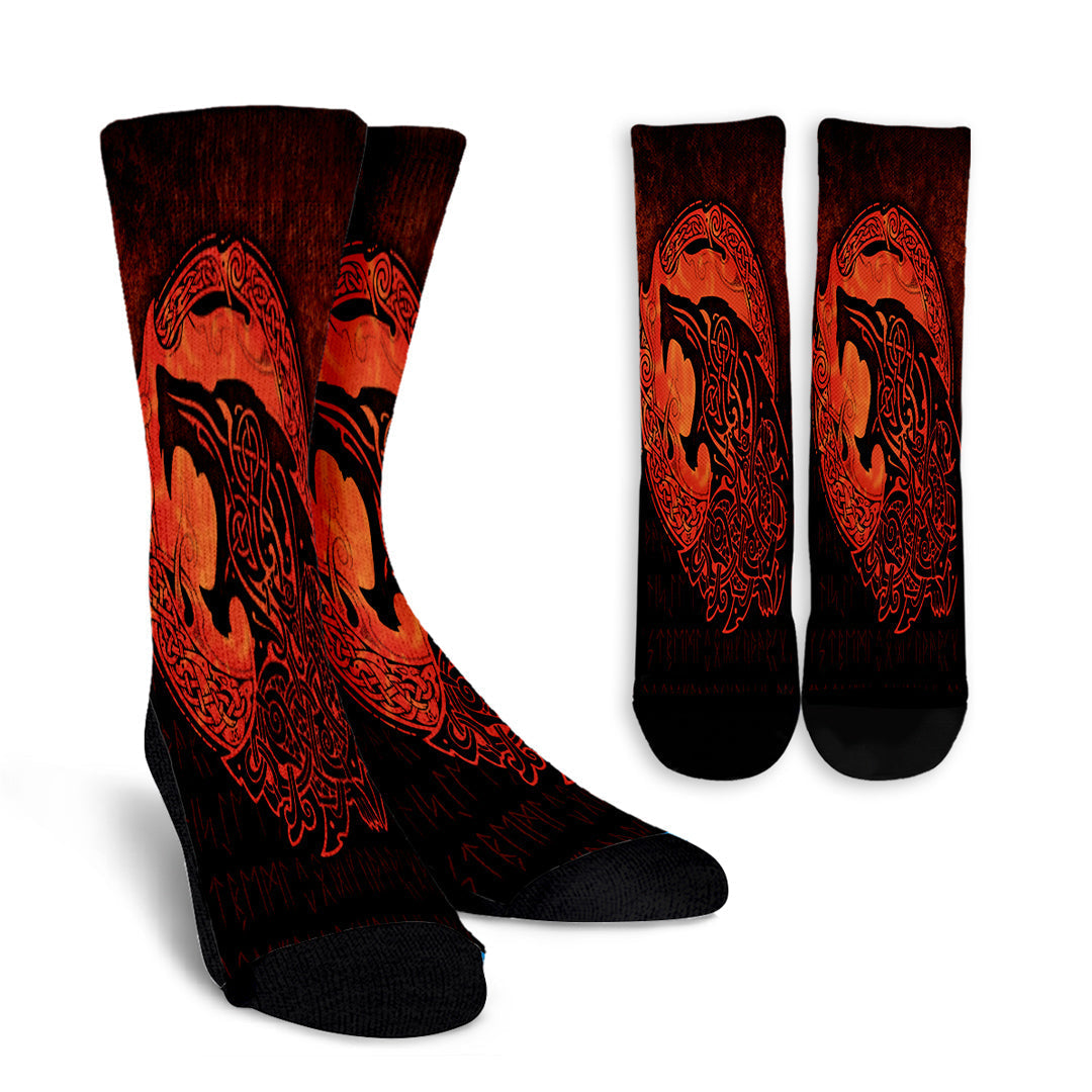 viking-crew-socks-fenrir-viking-3d-tattoo-orange-version-crew-socks