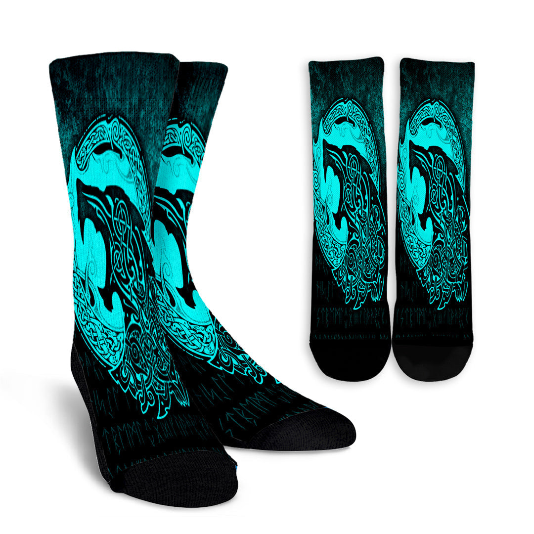 viking-crew-socks-fenrir-viking-3d-tattoo-cyan-version-crew-socks