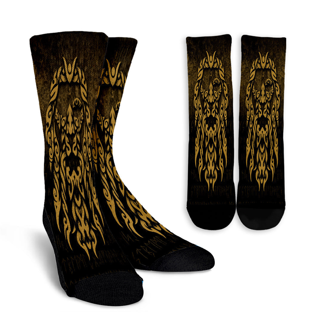 viking-crew-socks-viking-god-odin-allfather-in-asgard-raven-god-gold-version-crew-socks
