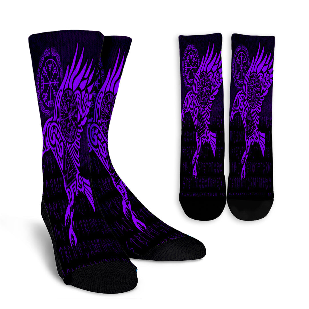 viking-crew-socks-raven-vegvisir-tattoo-purple-version-crew-socks