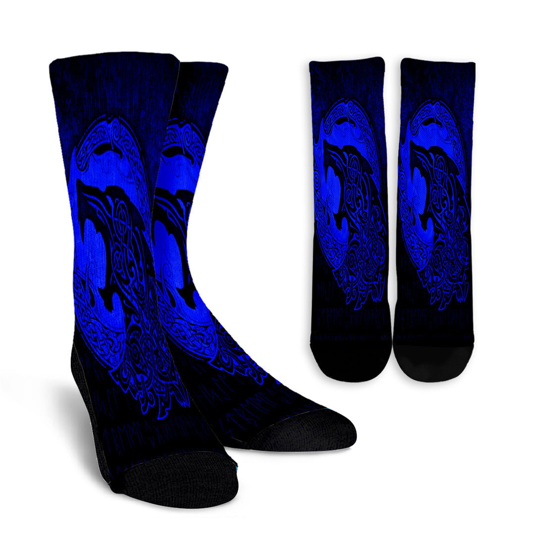 viking-crew-socks-fenrir-viking-3d-tattoo-blue-version-crew-socks