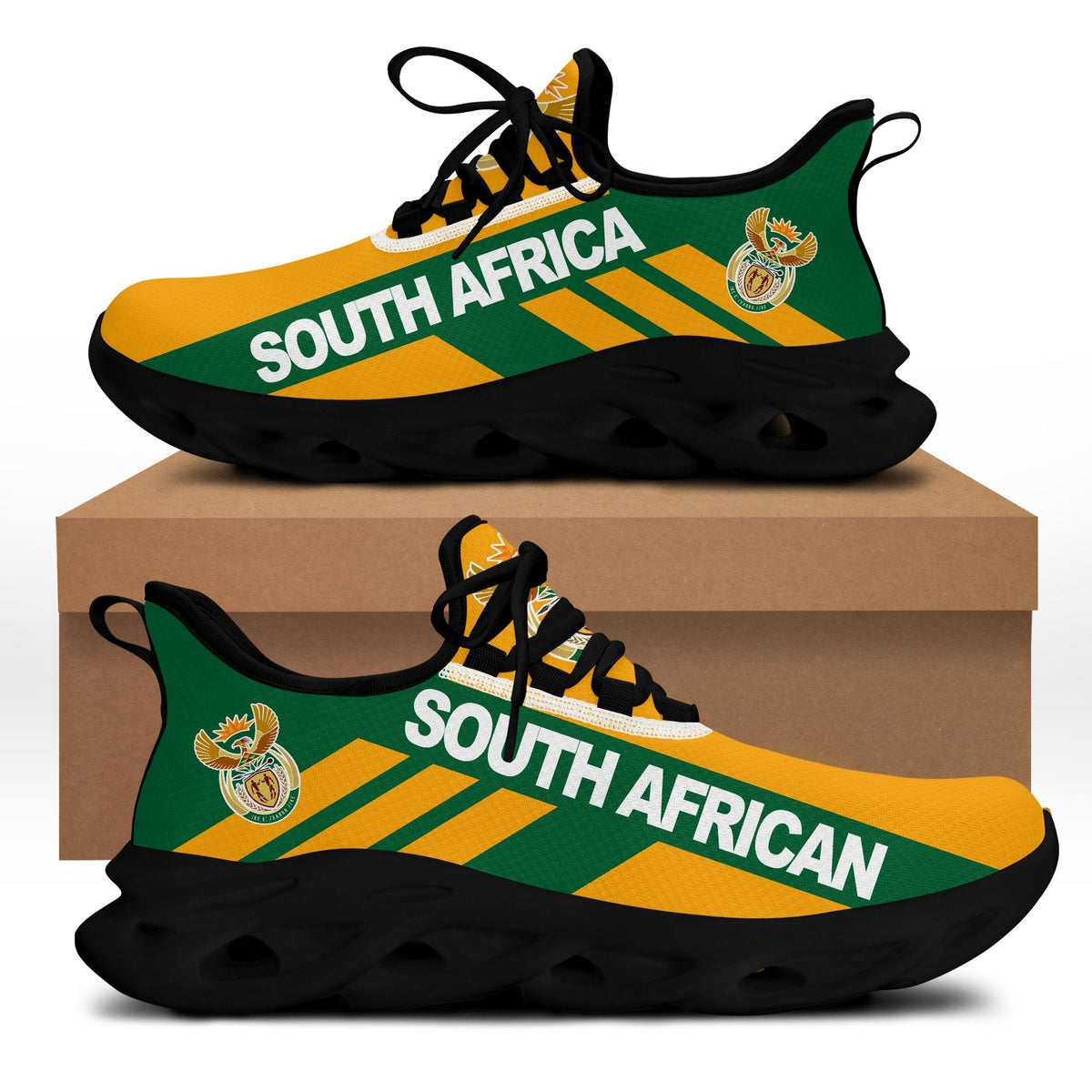 Chunky sneakers with South Africa flag print, dark sole and black laces