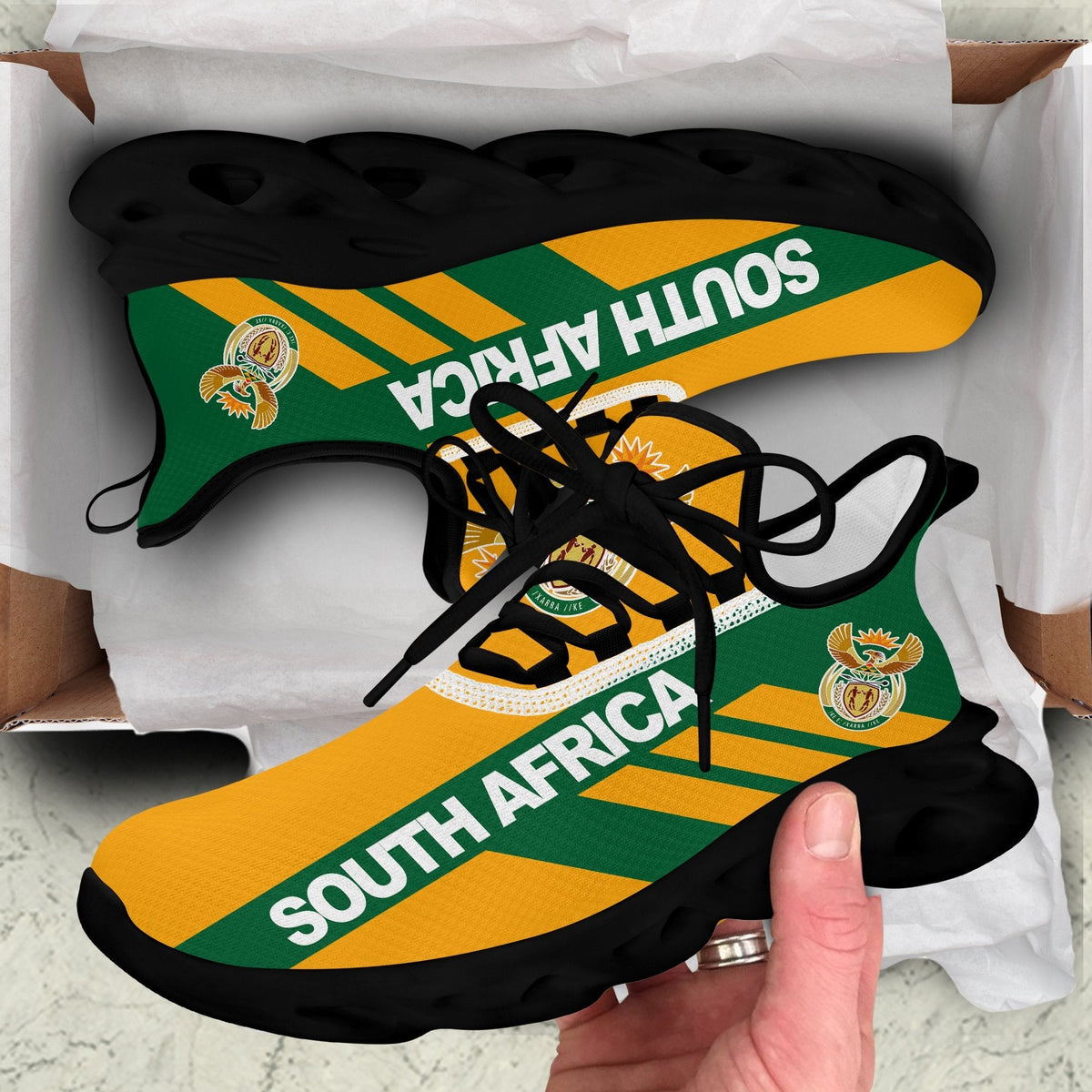South Africa print chunky sneakers, dark upper and sole with black laces