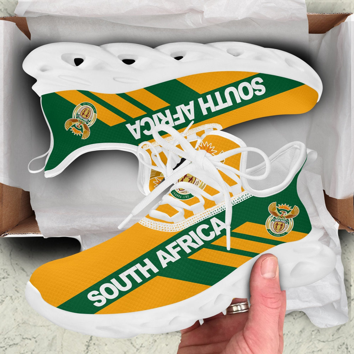South Africa print chunky sneakers, white upper and sole with perforated detail