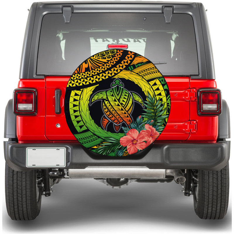 Round spare tire cover featuring green sea turtle, hibiscus flower, and tropical leaf design