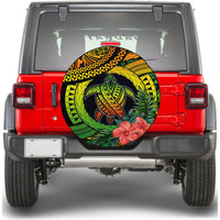 Round spare tire cover featuring green sea turtle, hibiscus flower, and tropical leaf design