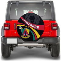 Spare tire cover on rear of red vehicle: lion face, Cameroon colors, circular logo