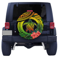 Round spare tire cover with sea turtle artwork, hibiscus bloom, and jungle leaf motif