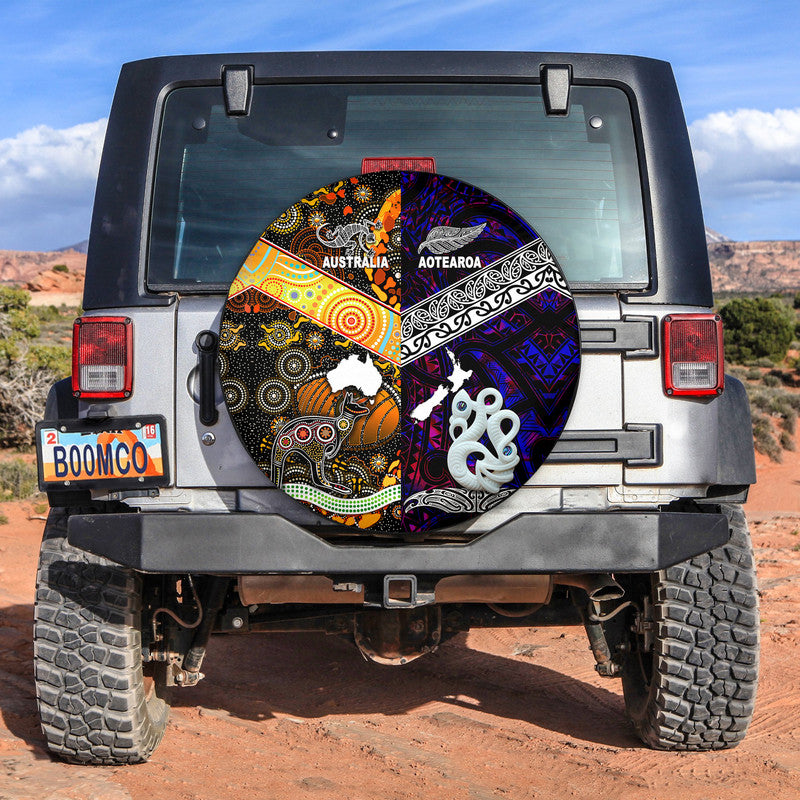 New Zealand Maori Aotearoa and Australia Aboriginal Spare Tire Cover Together Purple LT8 - Wonder Print Shop