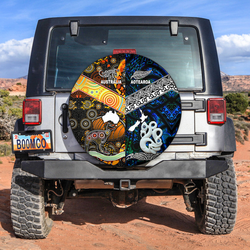 New Zealand Maori Aotearoa and Australia Aboriginal Spare Tire Cover Together Blue LT8 - Wonder Print Shop