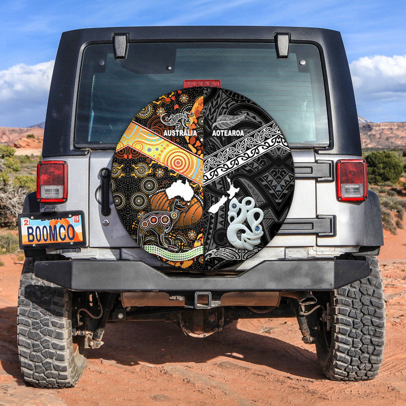New Zealand Maori Aotearoa and Australia Aboriginal Spare Tire Cover Together Black LT8 - Wonder Print Shop