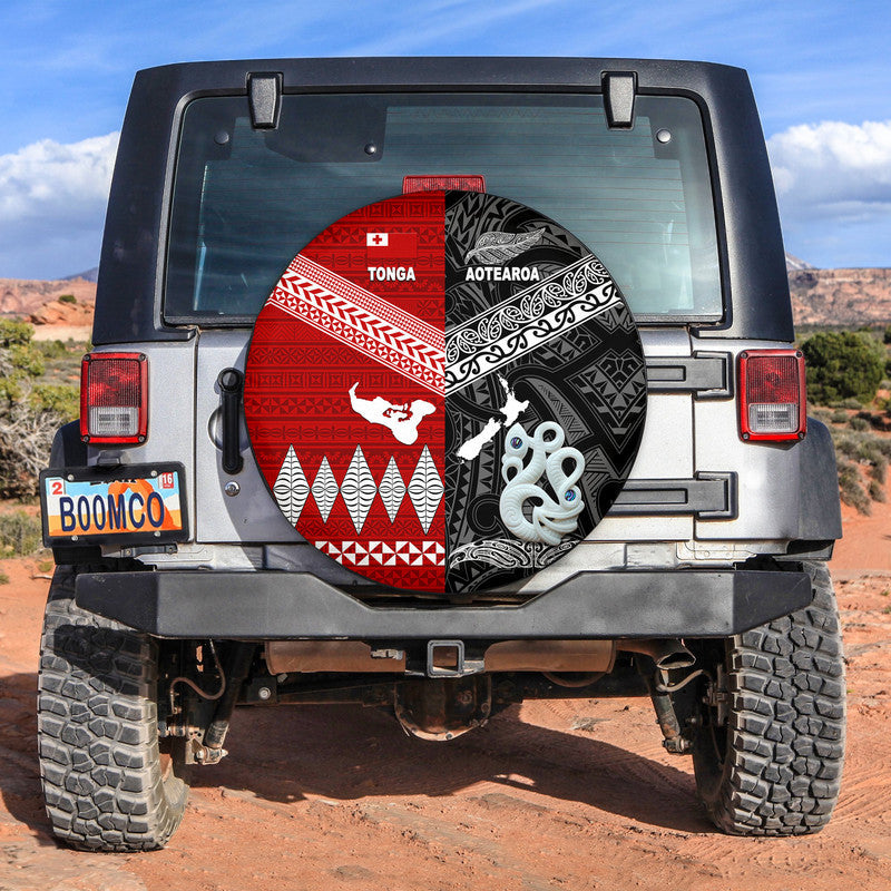New Zealand and Tonga Spare Tire Cover Together Black LT8 - Wonder Print Shop