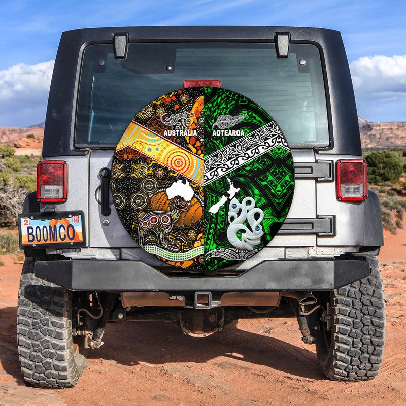 New Zealand Maori Aotearoa and Australia Aboriginal Spare Tire Cover Together Green LT8 - Wonder Print Shop