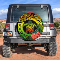 Round spare tire cover with green sea turtle, tropical hibiscus and leaf pattern, black base