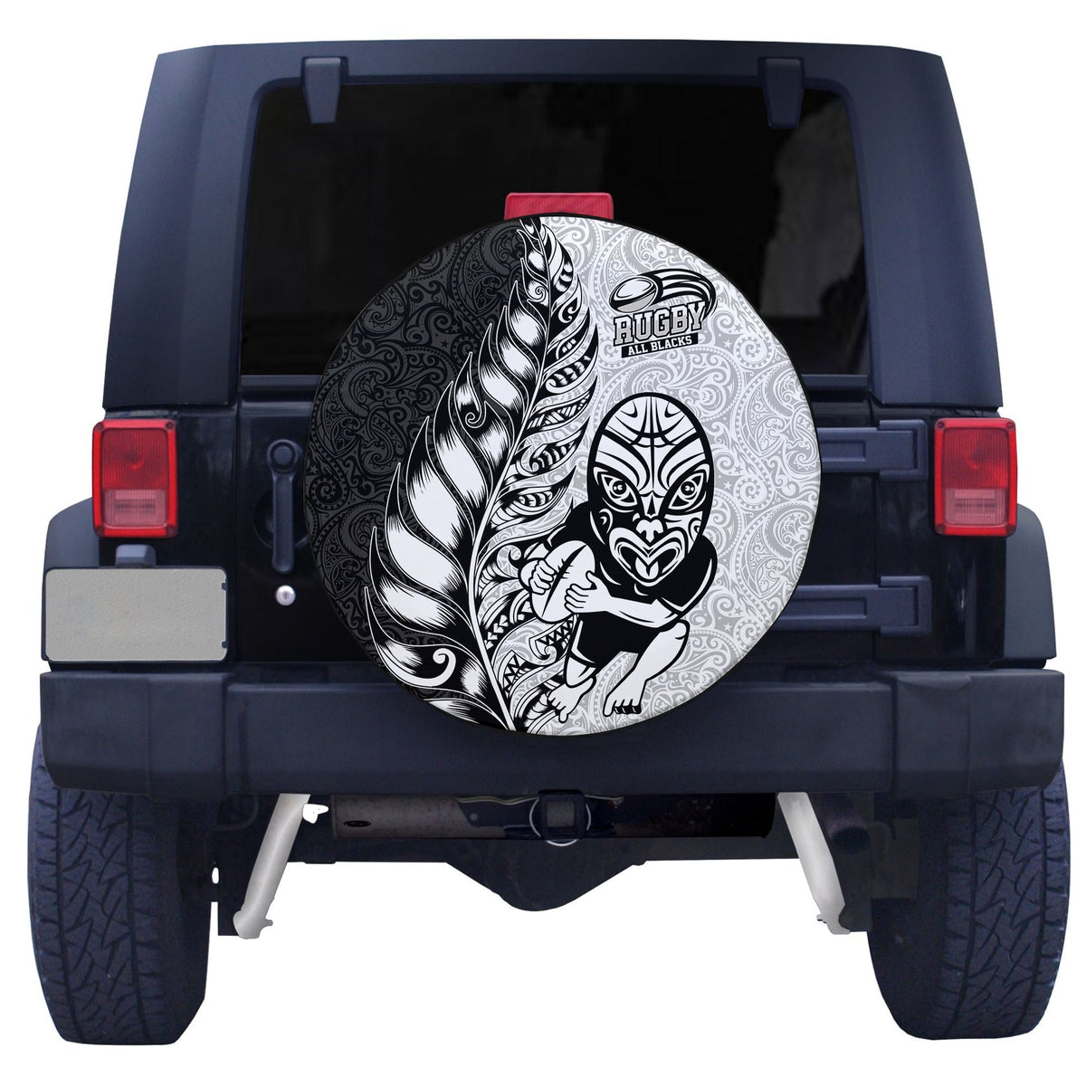 Spare tire cover with centered circular Maori rugby face-and-feather graphic