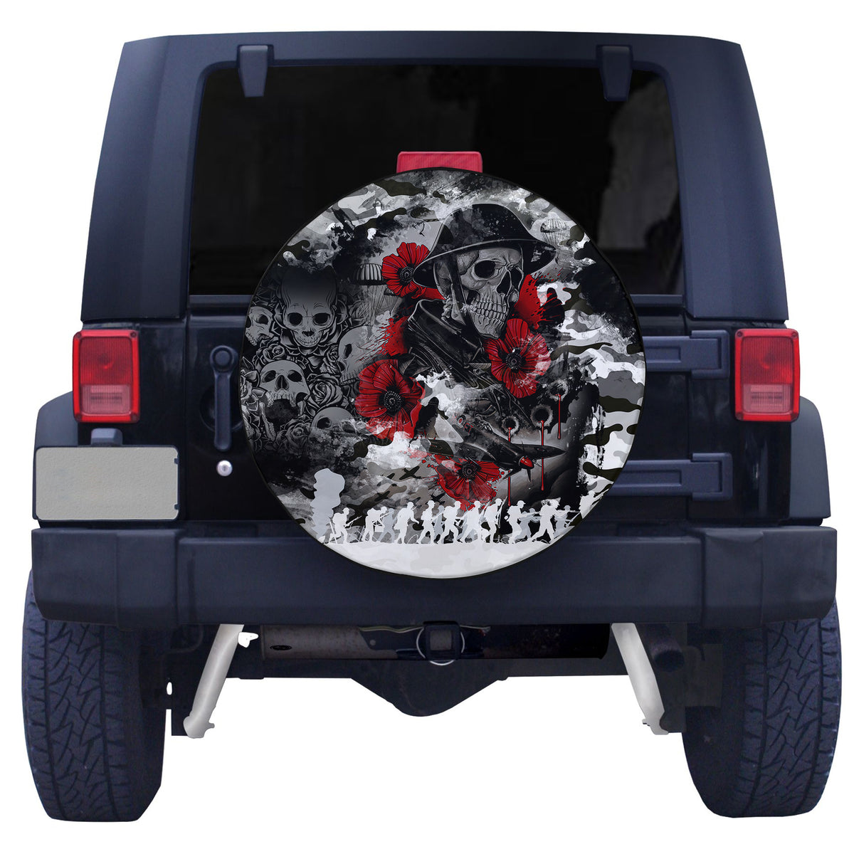 Skull camo spare tire cover, circular black-and-white pattern with red accents on rear view