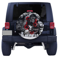 Skull camo spare tire cover, circular black-and-white pattern with red accents on rear view
