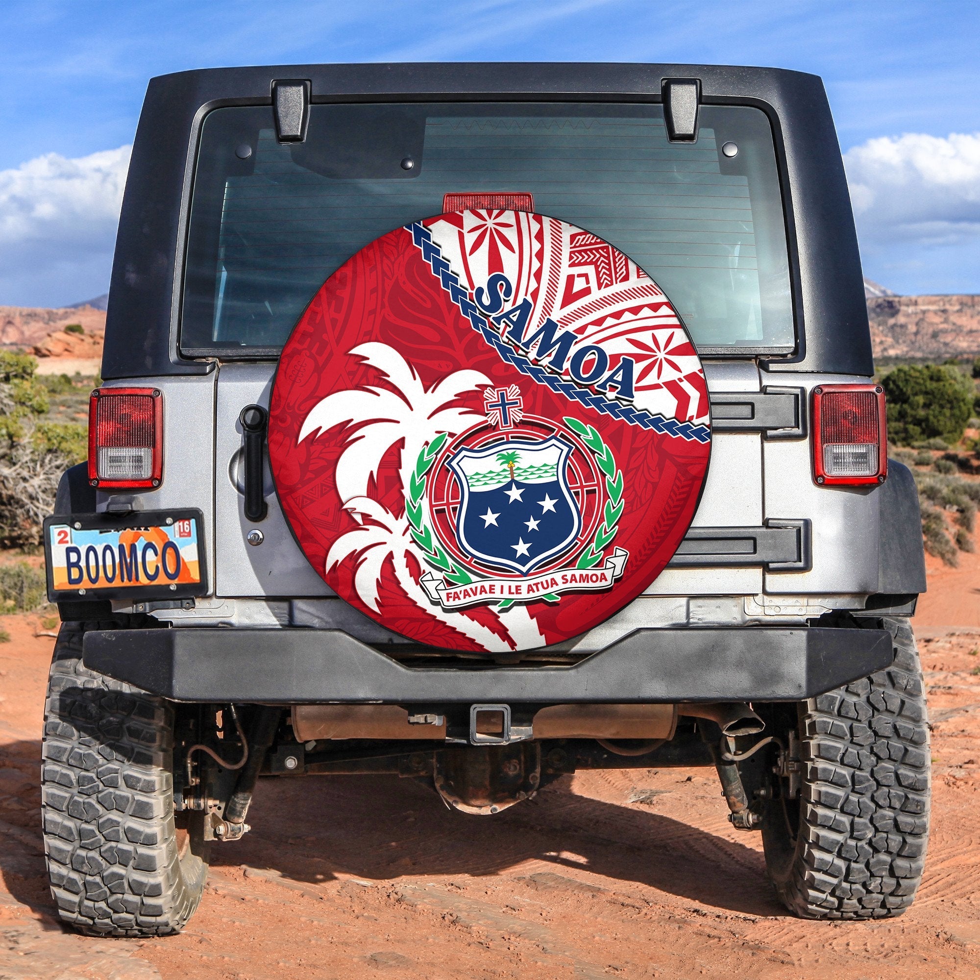 Samoa Spare Tire Cover Samoan Coat Of Arms With Coconut Red Style - Wonder Print Shop